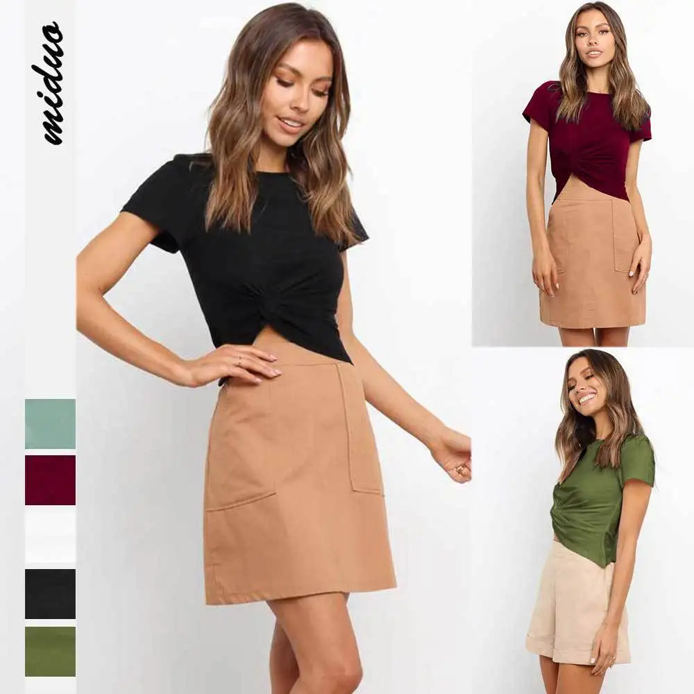 

Women New Tee Shirts Summer Solid Color O-Neck Pullover Knot Short T Shirts Female Fashion Slim Tops