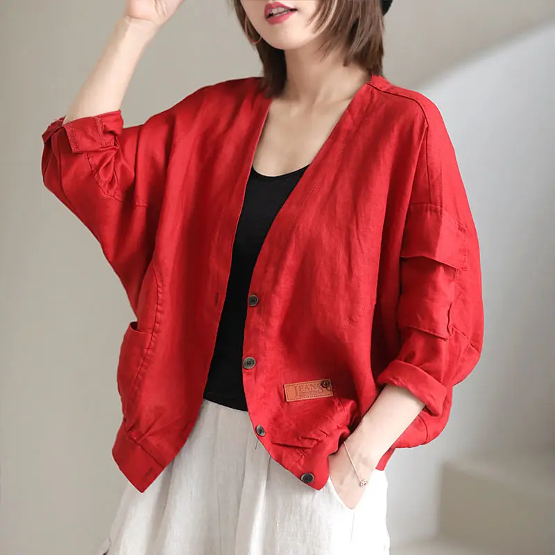 

Cotton Linen Jacket Women Button Up Loose Long Sleeve Outerwear Coat Casual Solid Pocket Spring Summer Oversized Short Jackets