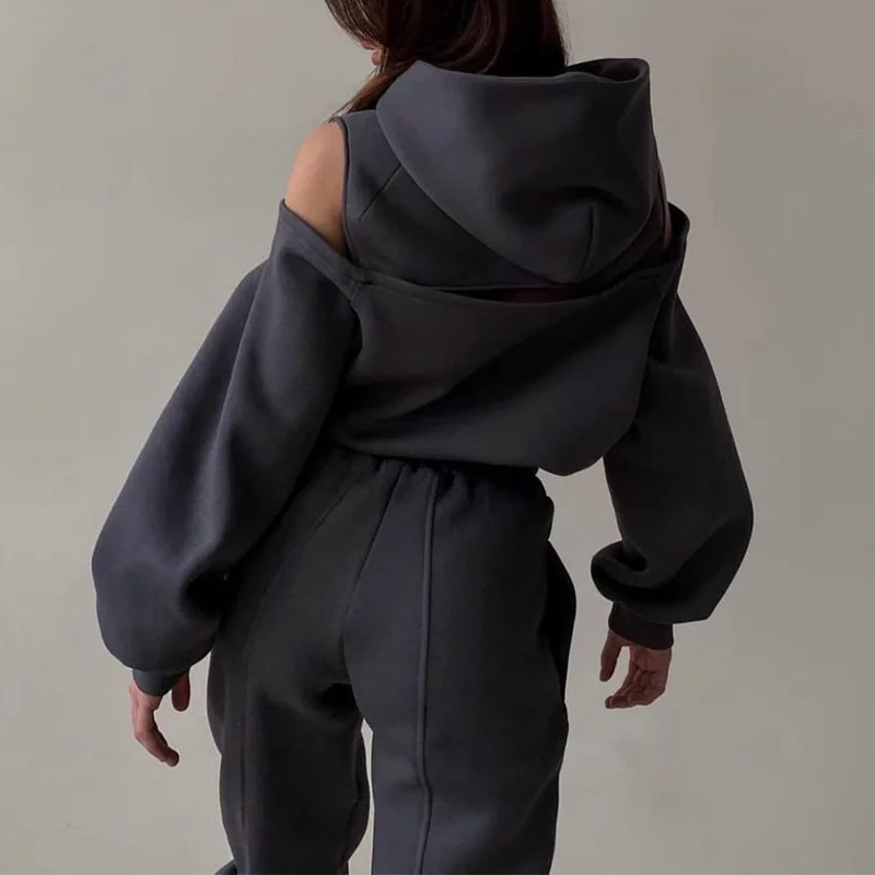 

Women 2 Piece Sportswear Sets 2023 New Female Casual Hollow Hoodies Outfits Women's Trouser Suit Waist Elastic Sweatpants Suit