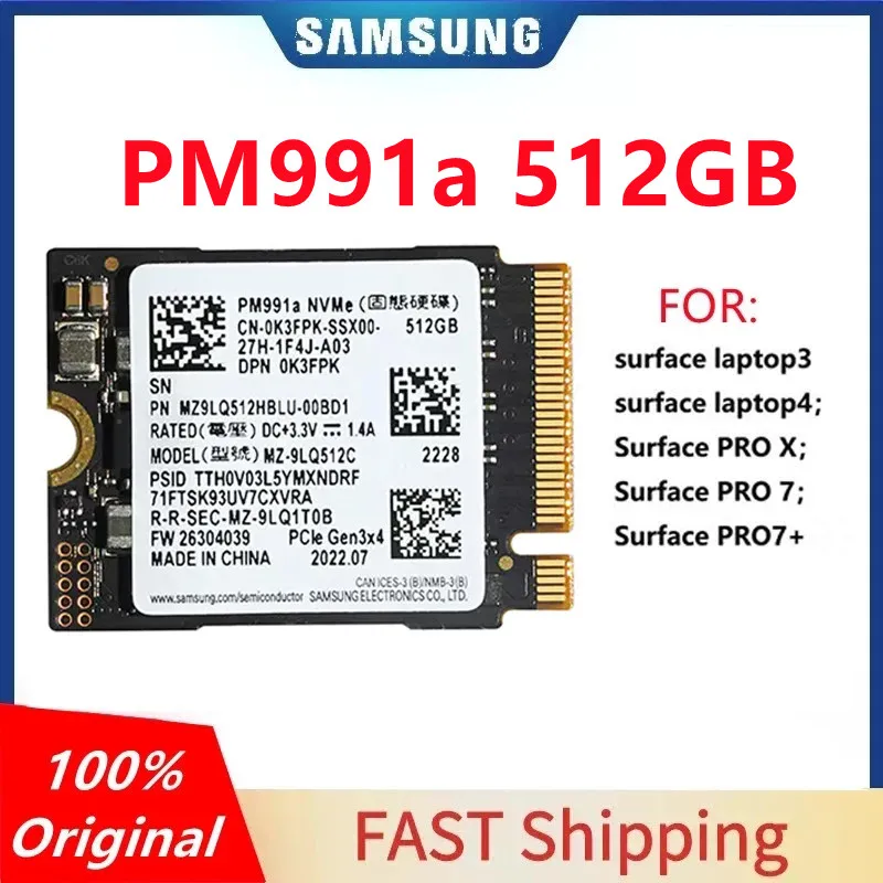 Original Samsung PM991a 512GB 2230 M.2 Internal Solid State Drive PCIe3.0 x4 NVME SSD for Microsoft Surface Pro 7+ Steam Deck