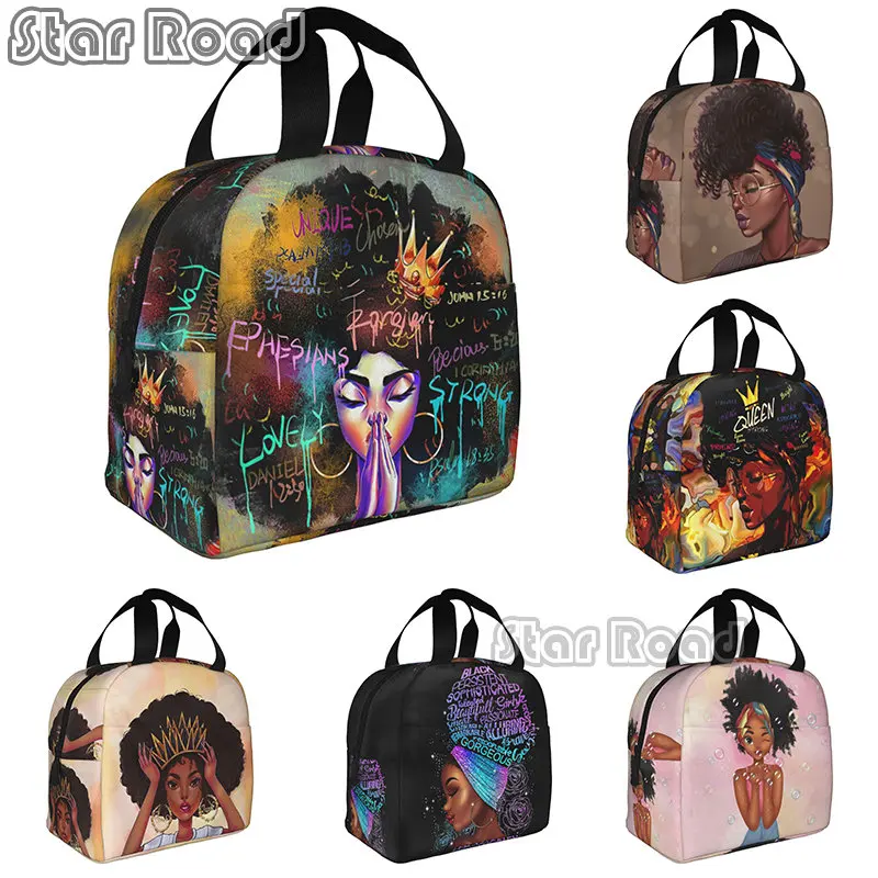 

Afro African Women Lady Lunch Bags for Women Reusable Pink Ribbon Lunch Tote Bag Thermal Cooler Bag African Pretty Woman/Girls