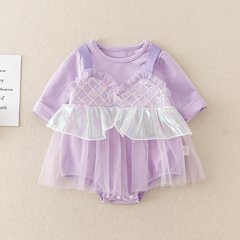 

2023 Baby Girl Mermaid Princess Romper Dresses Kid Newborn Lace Purple Clothing Infant Tulle Dress Sweet Cotton Toddler Jumpsuit