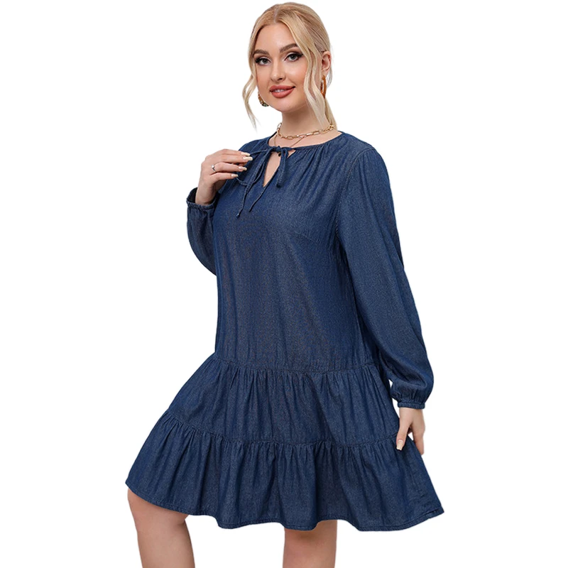 Plus Size Denim Dress Women Sundress 2022 Casual Spring Summer Jeans Dress Ruffle Loose Robe Jean Femme Vestido De Mujer Blue