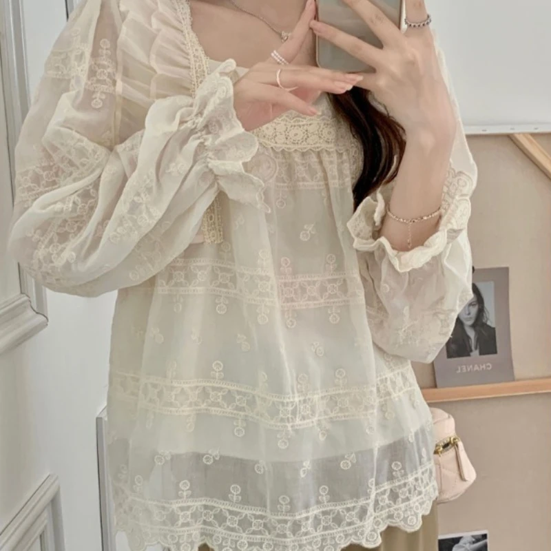 

Korean Fashion Square Collar Blouse Woman Ruffles Patchwork Lace Blouses Women Blusas Femininas Clothing for Girls Dropshipping