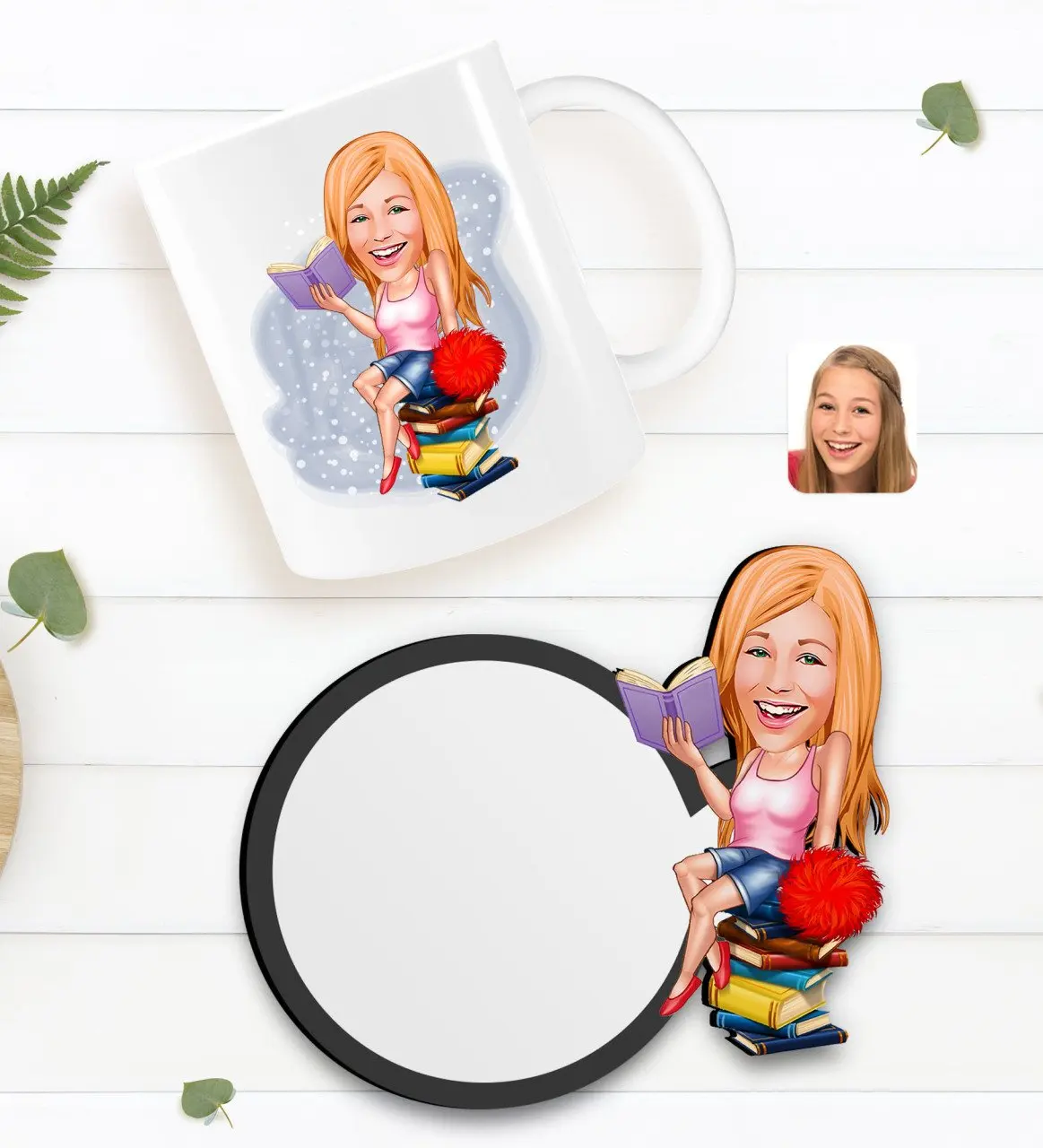 

Персонализированная Женская Студенческая карикатура на белую кружку и деревянную подставку в подарок Seti-1