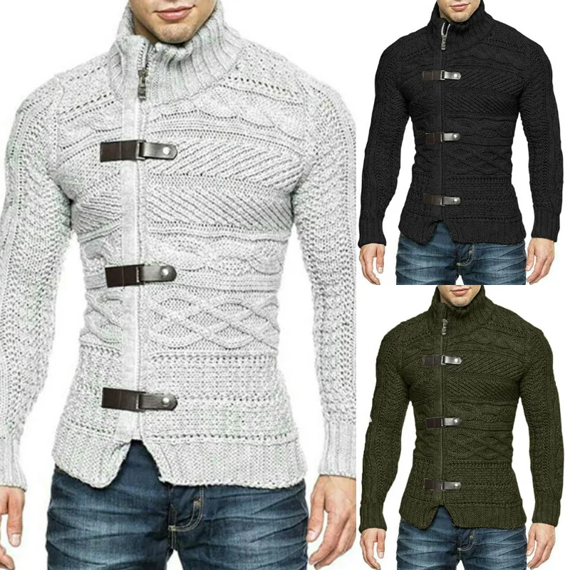 

Autumn and Winter European and American Turtleneck Sweater Men's Leather Button Long-sleeved Knitted Cardigan Coat