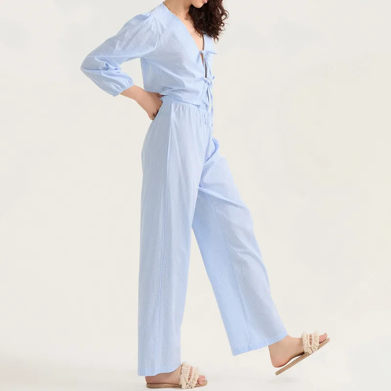 WPNAKS Damskie 2-częściowe zestawy spodni Wiosna Jesień Odzież w kratę V Szyja Wiązanie z przodu Długi rękaw Topy Elastyczne spodnie talii