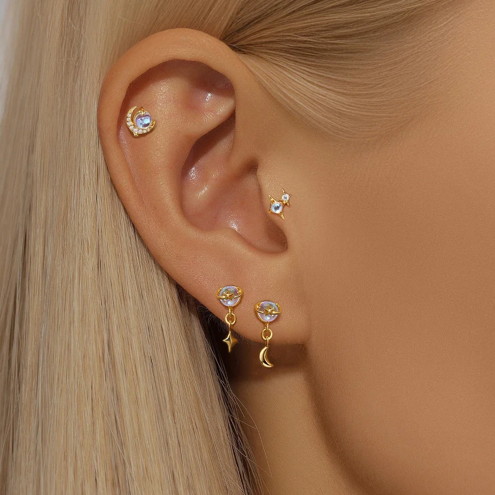 KO 925 Серебряные серьги Женские золотые AB с Ins Wind Star Moon Element Moonlight Stone Динамические
