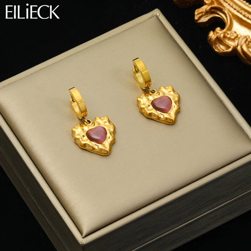 

EILIECK 316L Stainless Steel Heart Pleating Charm Earrings For Women Fashion Luxury Purple Stone Earrings Jewelry Holiday Gift