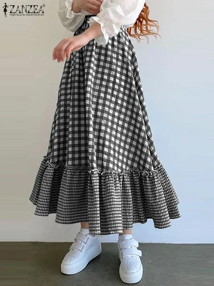 

ZANZEA Holiday A-line Falda Party Plaid Women Loose Skirt Ruffled Hem Casual Checked Elastic High Waist Maxi Skirt Fashion Jupes