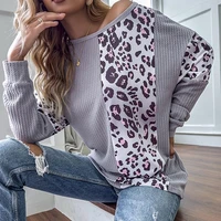 womens autumn new o neck long sleeve casual leopard printed top ladies stitching waffle all match chic blouses woman tshirts