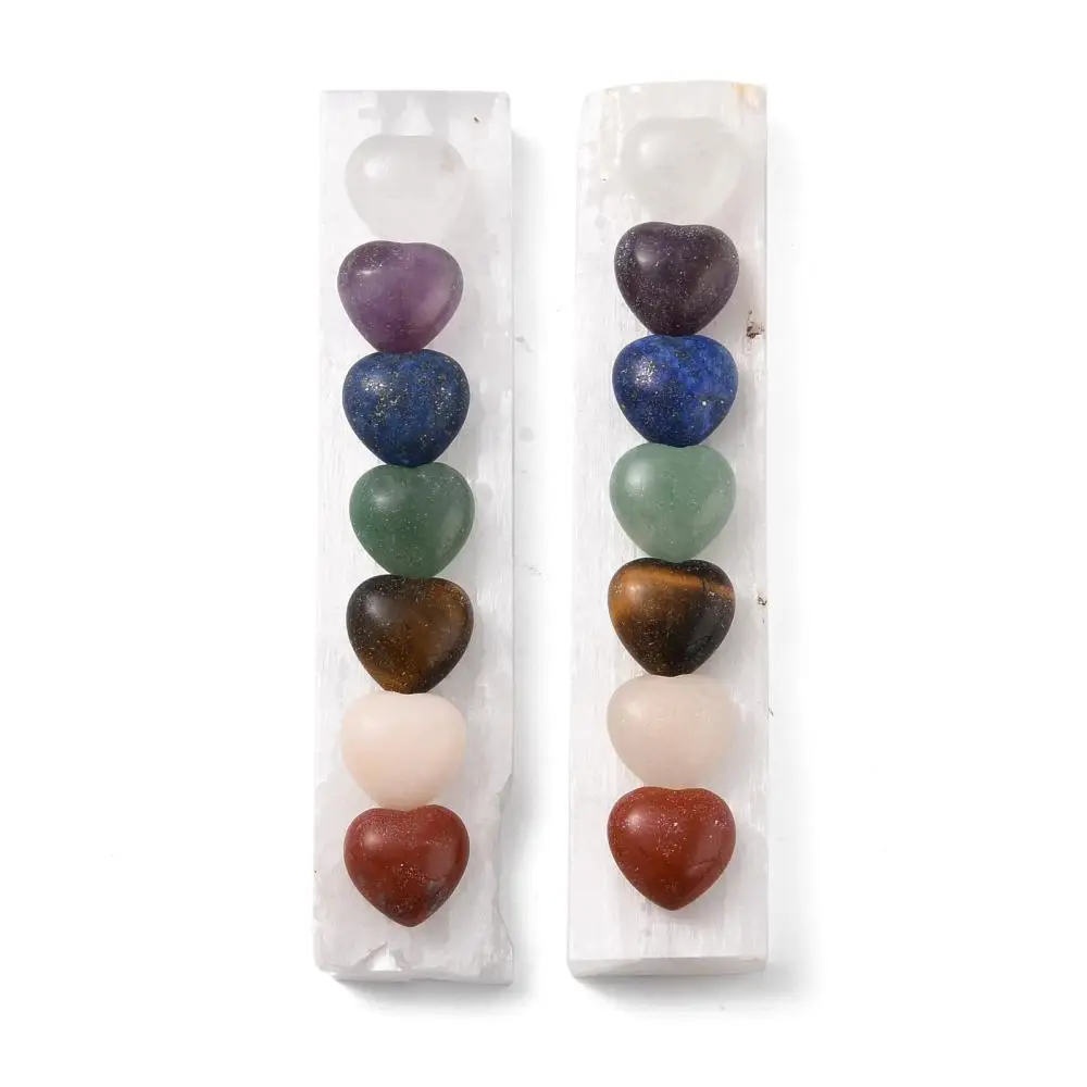 

2PCS Rectangle Chakra Natural Selenite Display Decorations with Natural Gemstone Heart Cabochons 111x23x17mm Heart: 15x14mm