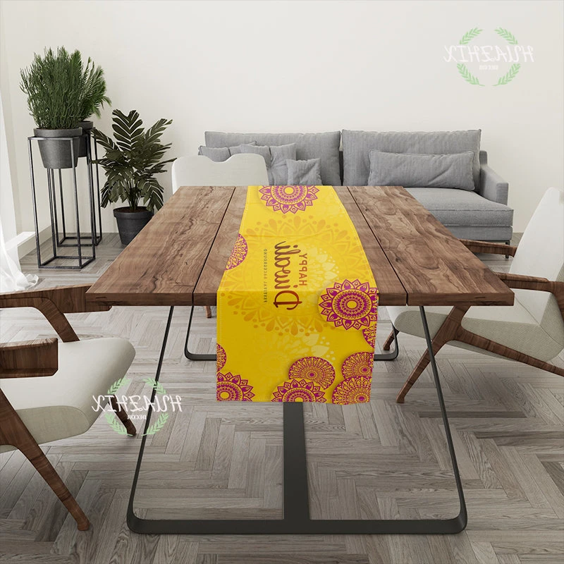 

Happy Diwali Linen Table Runner Holidays Party Decoration Indian Kitchen Restaurant Home Luxury Waterproof And Stain Resistant