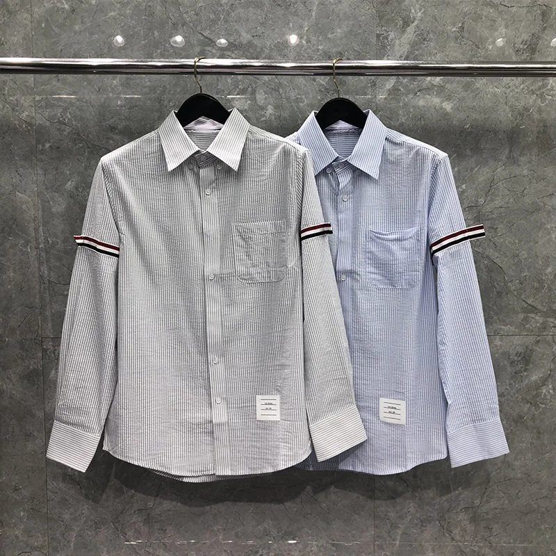 

TB THOM Shirt Spring Autumn Fashion Brand Men's Shirt RWB Ribbon Armband Vertical Stripe Cotton Oxford Casual Wholesale TB Shirt