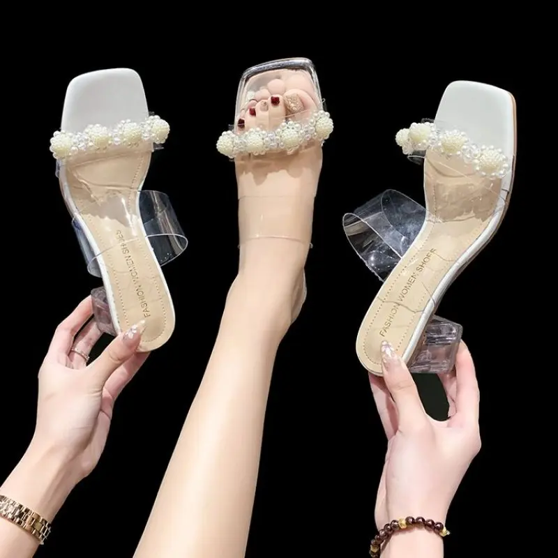 

Дизайнерские прозрачные тапочки из ПВХ, женские туфли на высоком каблуке из перспекса, летние праздничные женские туфли с прозрачным ремешком и цветами, большие размеры 40, Новинка