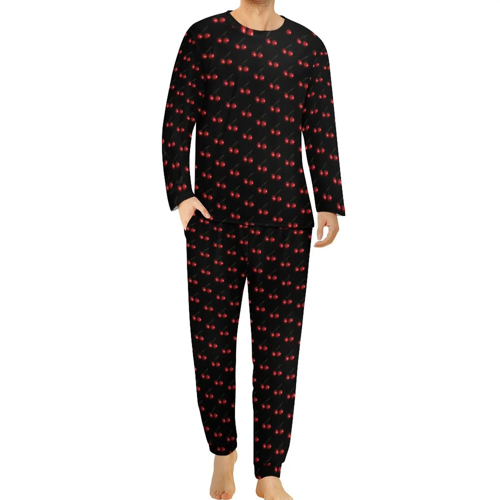 Red Sweet Cherry Pajamas Spring Fresh Fruits Print Aesthetic Nightwear Men 2 Piece Custom Long Sleeve Retro Big Size Pajama Sets