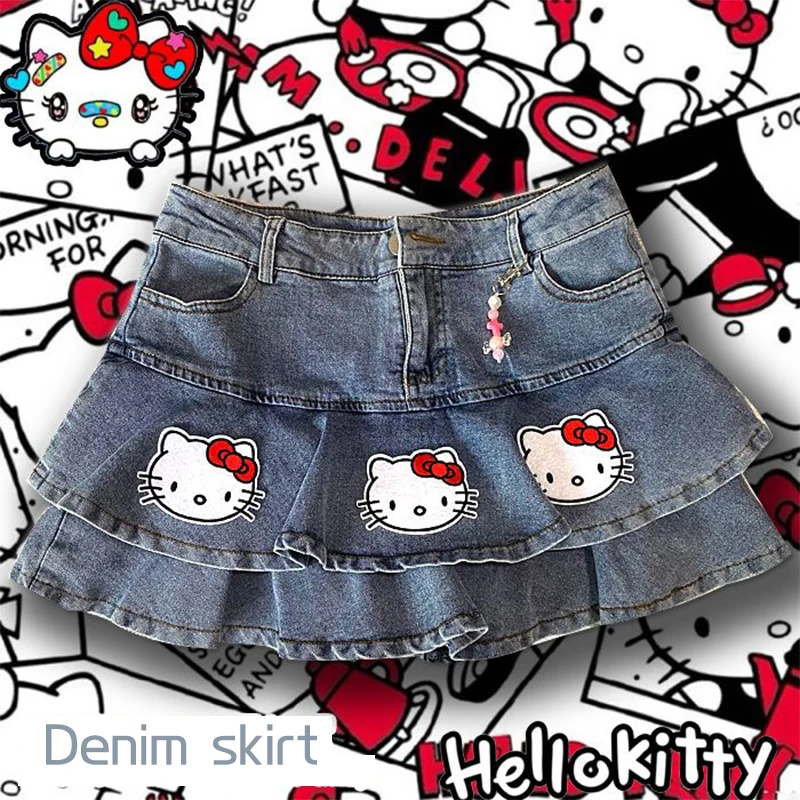 Sanrio Hello Kitty A Line Denim Skirt Summer New Fashion High Value Hot Girls Wild High Waist Printing Stitching Cupcake Dress