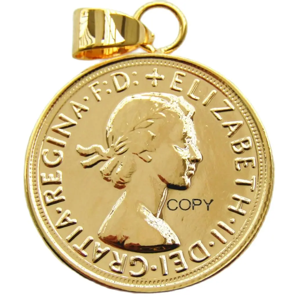 P(24) Подвеска в виде монеты 1964 года, королева FD, Елизавета II DEI, Бесплатная позолоченная, 1 копия монет (диаметр: 22 мм) P(24) Подвеска в виде монеты 1964 года, королева FD, Елизавета II DEI, Бесплатная позолоченная, 1 копия монет (диаметр: 22 мм)