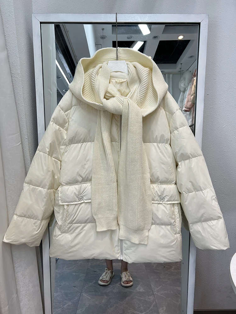 Fitaylor Winter Women White Duck Down Coat Female Knitted Hooded Detachable Zipper Coat Casual Lady Thick Warm Puffer Outwear