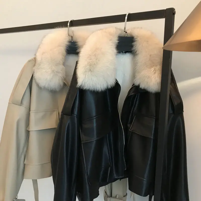

Chic Autumn Winter PU Bomber Jacket Detachable Faux Mink Fur Collar Plus Velvet Thick Trench Coat Faux Leather Zipper Jacket
