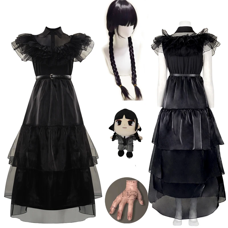 

Wednesday Addams Cosplay Costume Black Short Sleeve Ball Dress Outfits for Women Kids Halloween Evening Party Roleplay wigs