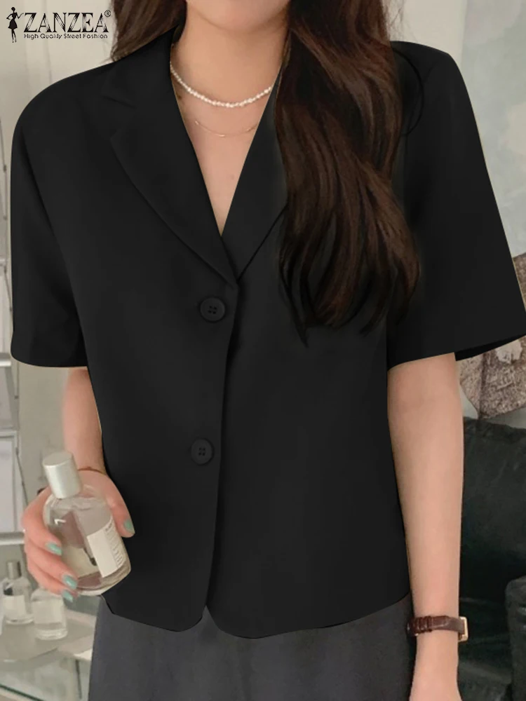 

ZANZEA Women Summer Blazer Half Sleeve Lapel Neck Shirt Elegant Work OL Blouse Buttons Blusas Korean Style Holiday Tops Oversize