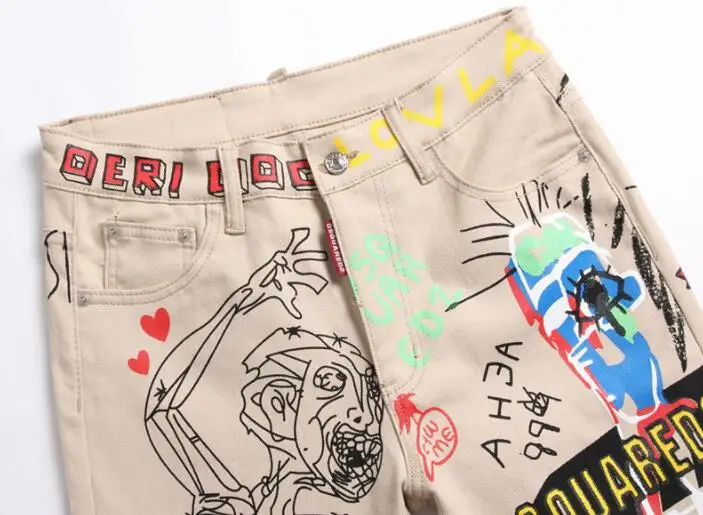 Classic new Dsquared2 new khaki printing and dyeing D2 jeans tight beggar European and American men's pants 1301