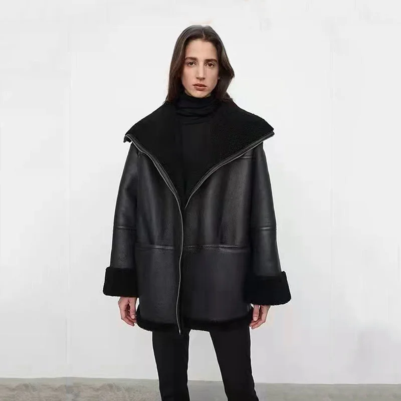 

Length Women Regular Winter Coat Thick Warm Natural Real Merino Sheep Fur Jacket Turn-Down Collar Clothes Casual