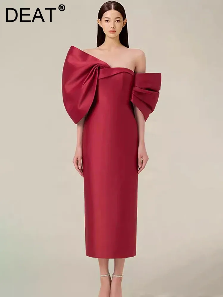DEAT Элегантное платье в стиле пэчворк с бантом без бретелек модные односторонние
