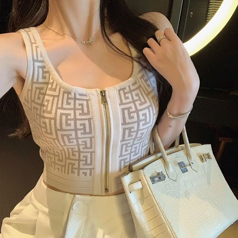 

Women Sexy Camis Tank Top Summer Geometric Print Vest Casual U-neck Zipper Knit Tank Strap Midriff Y2k Designer Vest