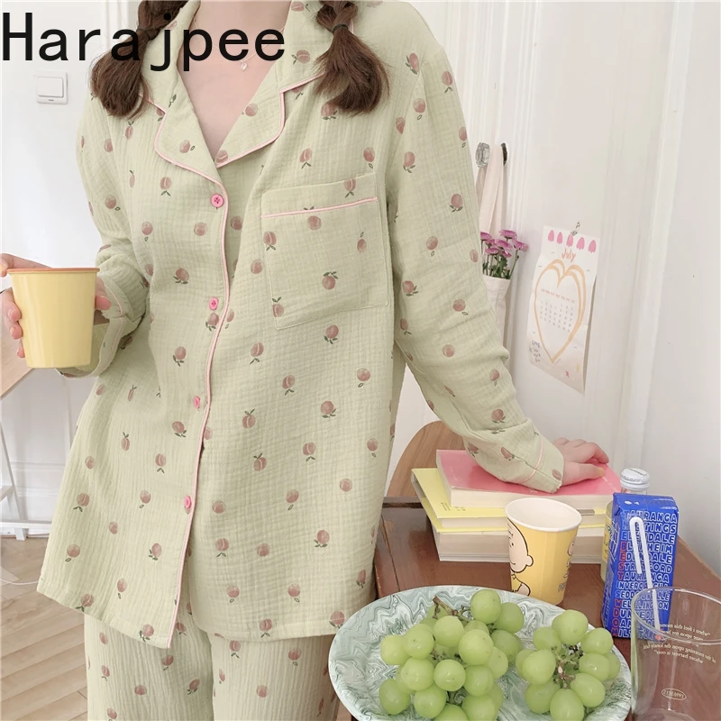 

Harajpee Cotton Ins Pajamas Set Peach Print Women's Nightgown Korean Chic Sweet Fresh Long Sleeve Sleepwear Spring New Homewear
