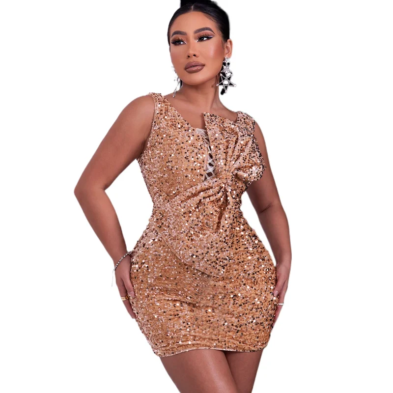 

Женское модное короткое платье с V-образным вырезом, бантом и блестками