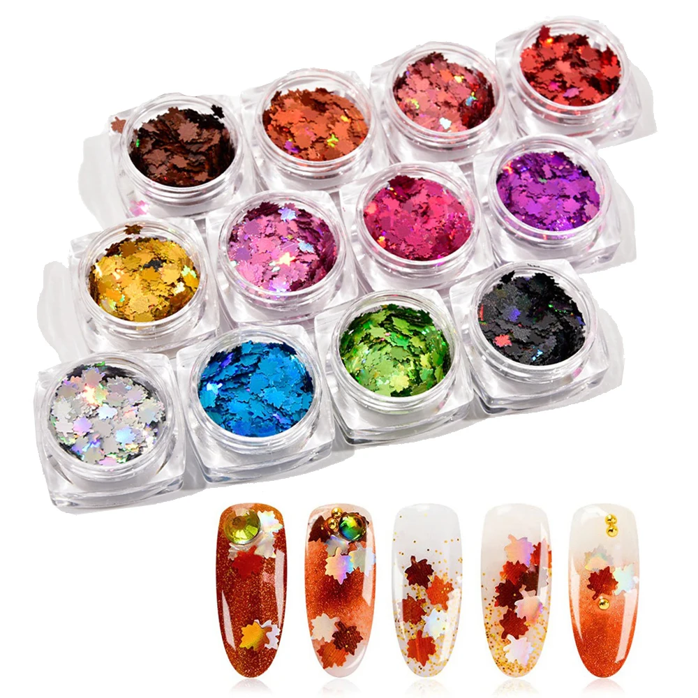 

12colors/set Maple Leaves Nail Glitter Sequins Ultra-thin Fall Maple Leaf Laser Flash Flakes DIY Nail Art Decoration Accessories