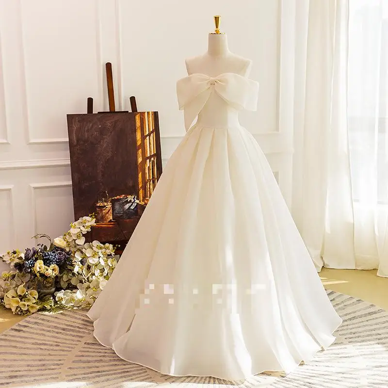 

Simple Wedding Gowns New Sweet Bow Off The Shoulder Vestidos De Novia Elegant Floor-length Lace Up Suknia Slubna Plus Size