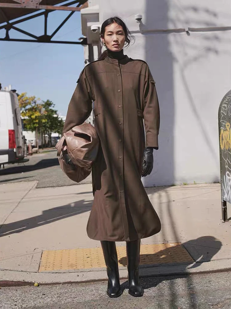 

Женское однобортное платье-рубашка, свободное платье до середины икры с отложным воротником и длинным рукавом, весна-осень 2024