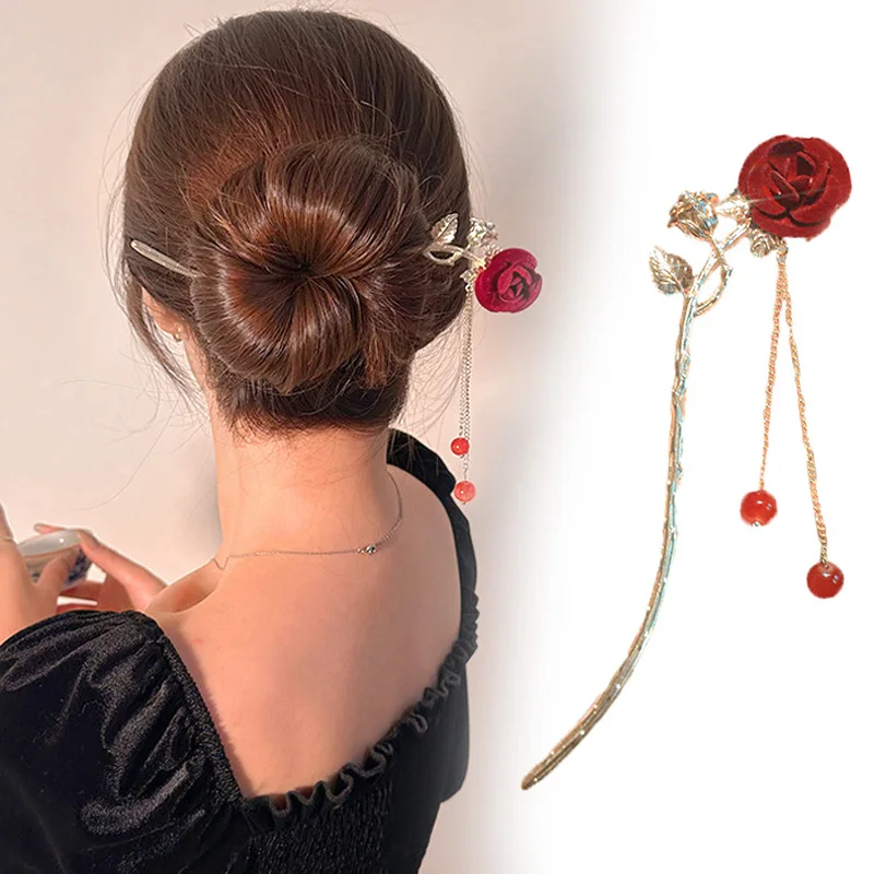 Metal Tassel Chain Beads Exquisite Carved Lady Elegant Vintage Ponytail Headdress Accessories