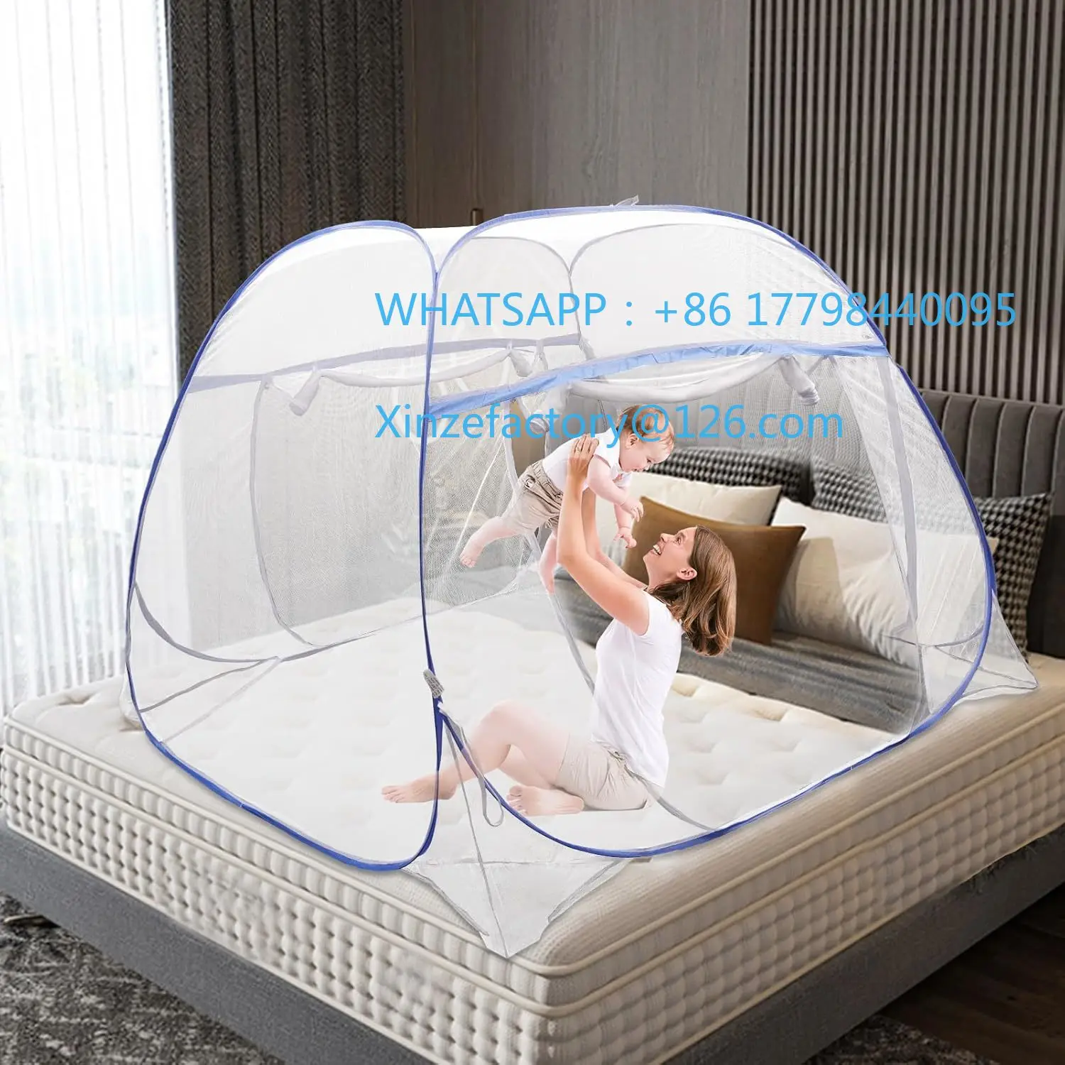 Фото Настраиваемые Faltbares Bett-Moskitonetz, Faltbares Doppelbetten M Teatroennetz Pop Up, Insektenschutz Betthimmel, 180x200 см, Blau №2