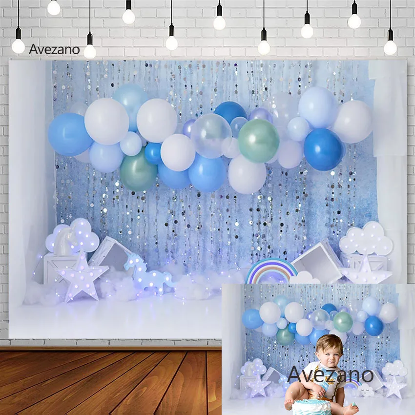 

Фон для фотосъемки Avezano с изображением голубого воздушного шара радуги детской портретной торта разбитого фона декора фотостудии