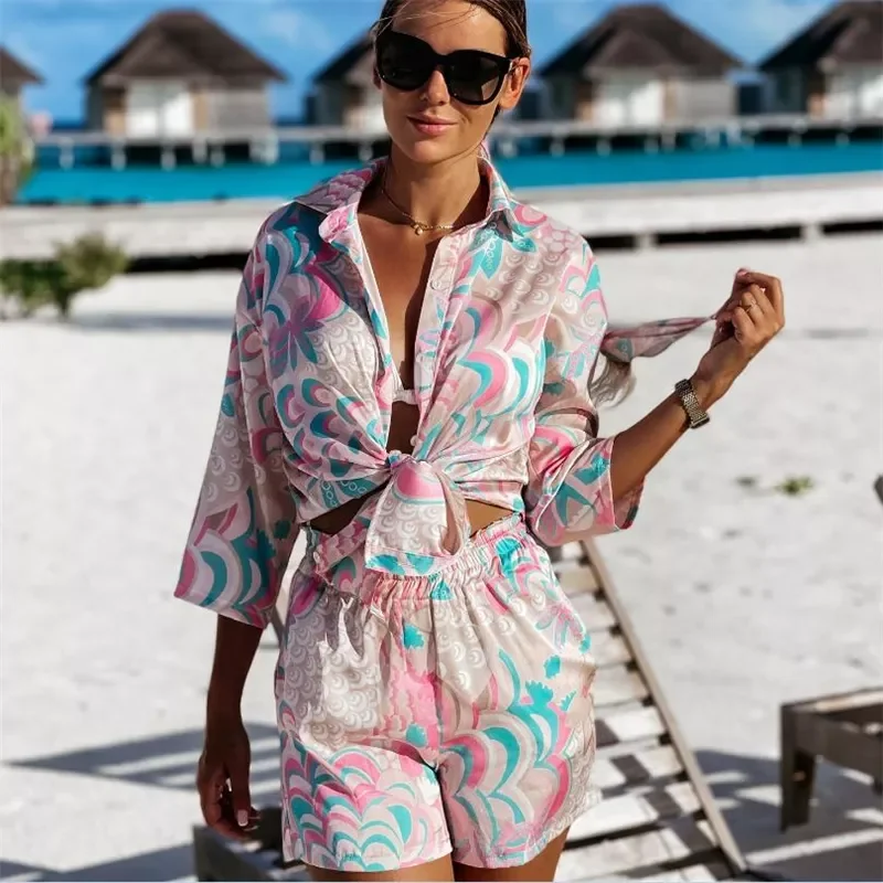 

2pcs Beach Styles Satin Sets Women Fashion Scenery Pattern Button-down Shirts and Shorts 2021 New Summer Casual Sets