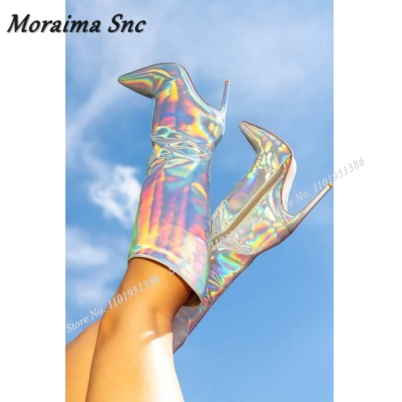

Moraima Snc Silver Side Zipper Laser Boots Solid Blue Pointed Toe Shoes for Women High Heels Patent Leather Zapatillas Mujer