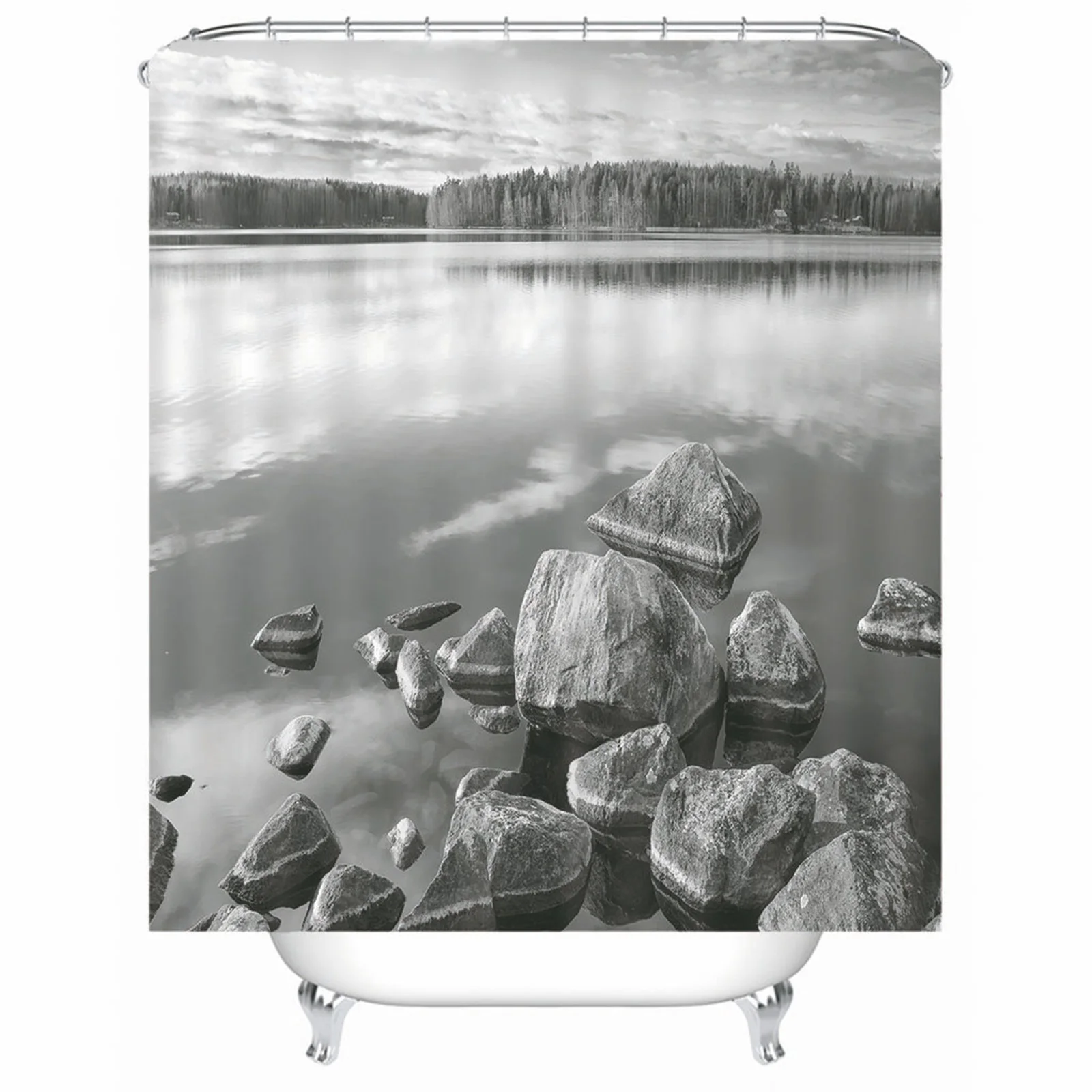 

Shower Curtain Girls Polyester Lake Stones Trees Dark Gray Mold & Mildew Resistant Waterproofwith Rustproof Grommets Hooks