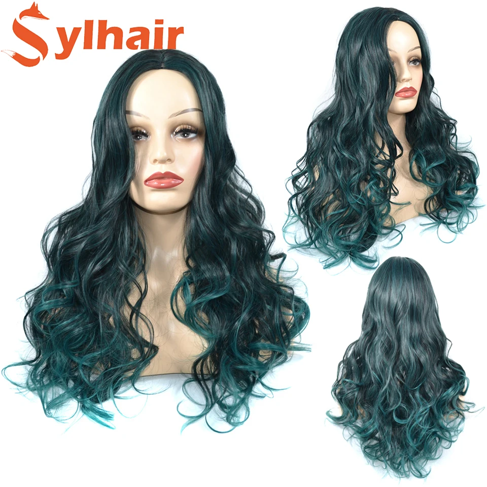 

Sylhair Synthetic Wigs Ombre Green 24'' Long Water Wavy Women Length Cosplay Hair Wig Heat Resistant Fiber Cosplay Wigs