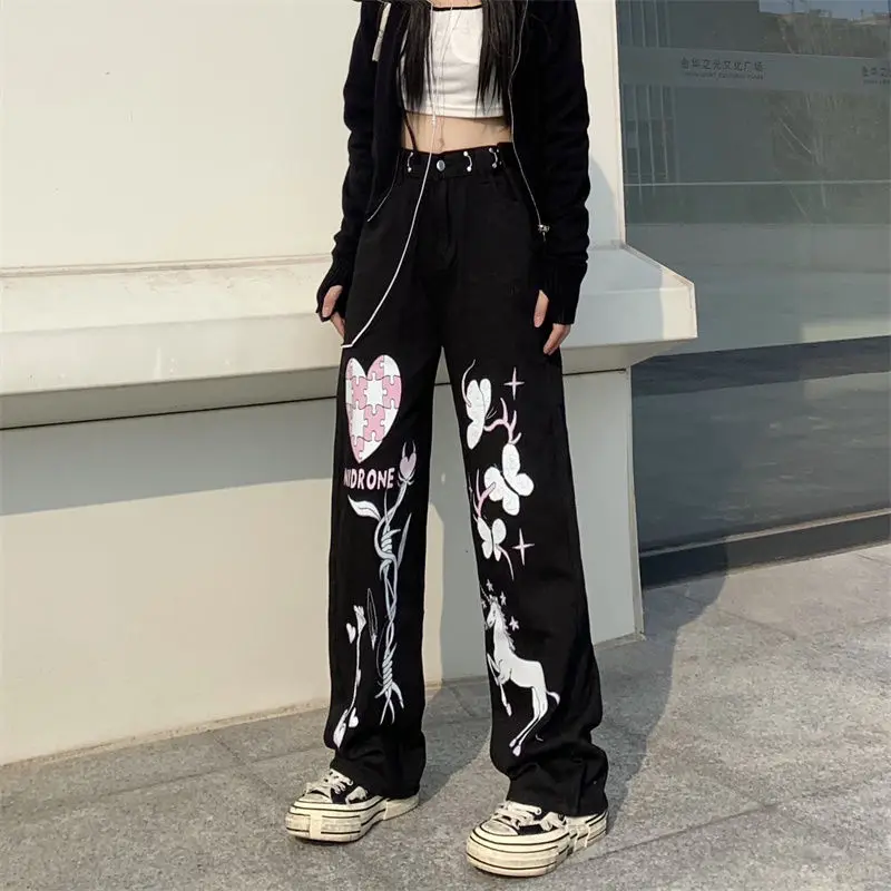 

NSMW MI Female American Retro Love Cartoon Print Straight Jeans Women Loose High Waist Trousers Women's Straight Pants