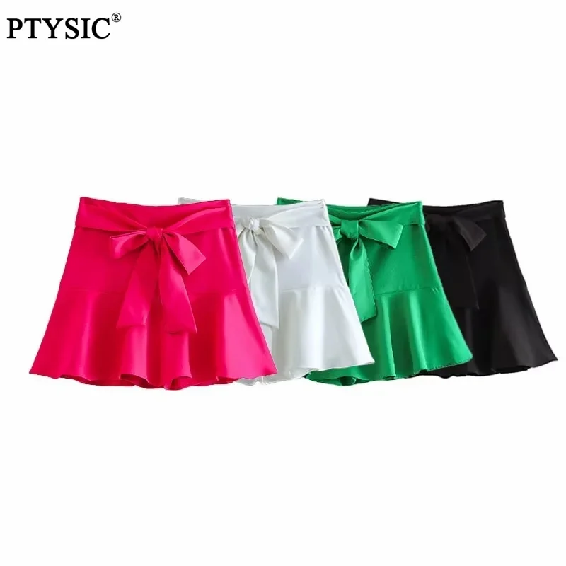 

PTYSIC Women Fashion Skort With Bow High Waist Matching Bow Ruffled Hem Invisible Side Zip Fastening