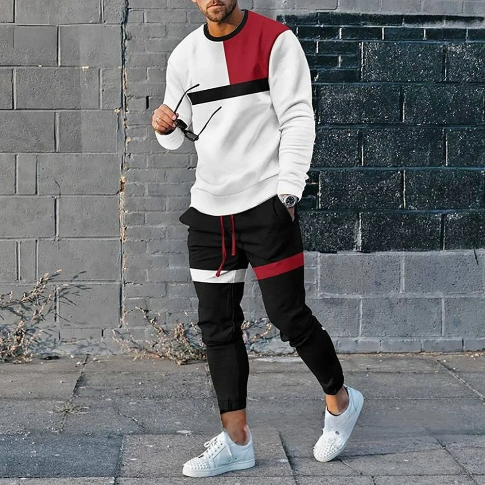 

2023 New Mens Autumn Tracksuit Set Two Piece Stripe Long-Sleeved T-shirt Trousers Casual Streetwear Oversized Male Jogging Suit