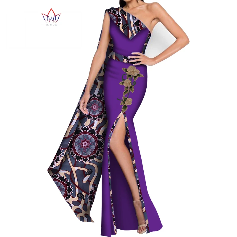 Dashiki African Dresses for Women Colorful Daily Wedding African Dresses for Women Ankle-Length Party Dress One Shoulder WY5388