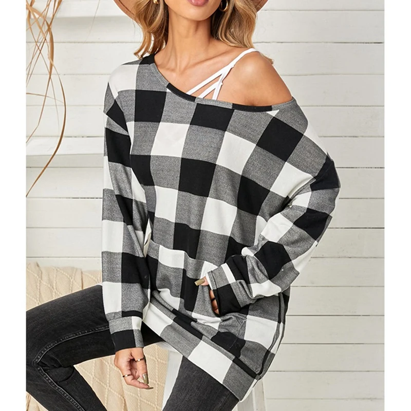 

Повседневная клетчатая рубашка для повседневного ношения, женская Свободная Повседневная Туника с длинным рукавом, пуловер, свитшот, топы ...
