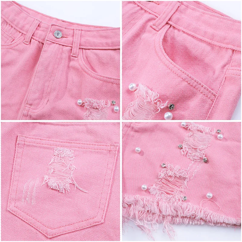 Summer 2021 Women Pink Ripped High Waist Shorts Female Pearl Tassel Decoration Denim Shorts Pink Lady Jeans Streetwear All-match