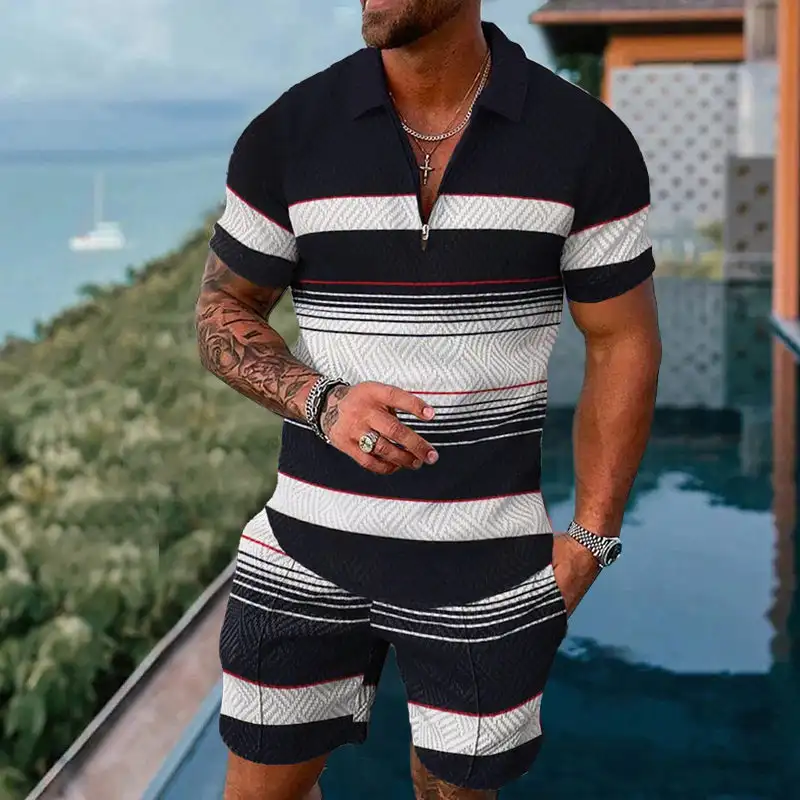 2023 Summer Sportswear Suit Zipper Polo Shirt 2-piece Striped Polo Men Shorts Set 3d Large Size Casual Street Wear Men Clothing