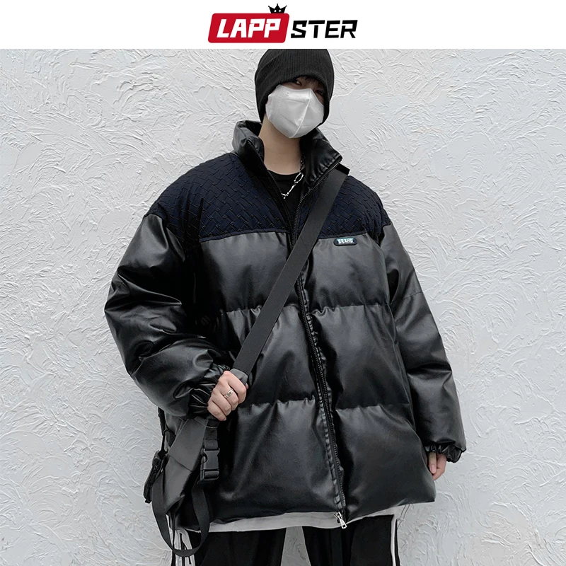 LAPPSTER Y2k Patchwork Winter Leather Jacket 2022 Thick Puffer Jacket Hip Hop Bubble Coat Black Korean Streetwear Jackets Coats